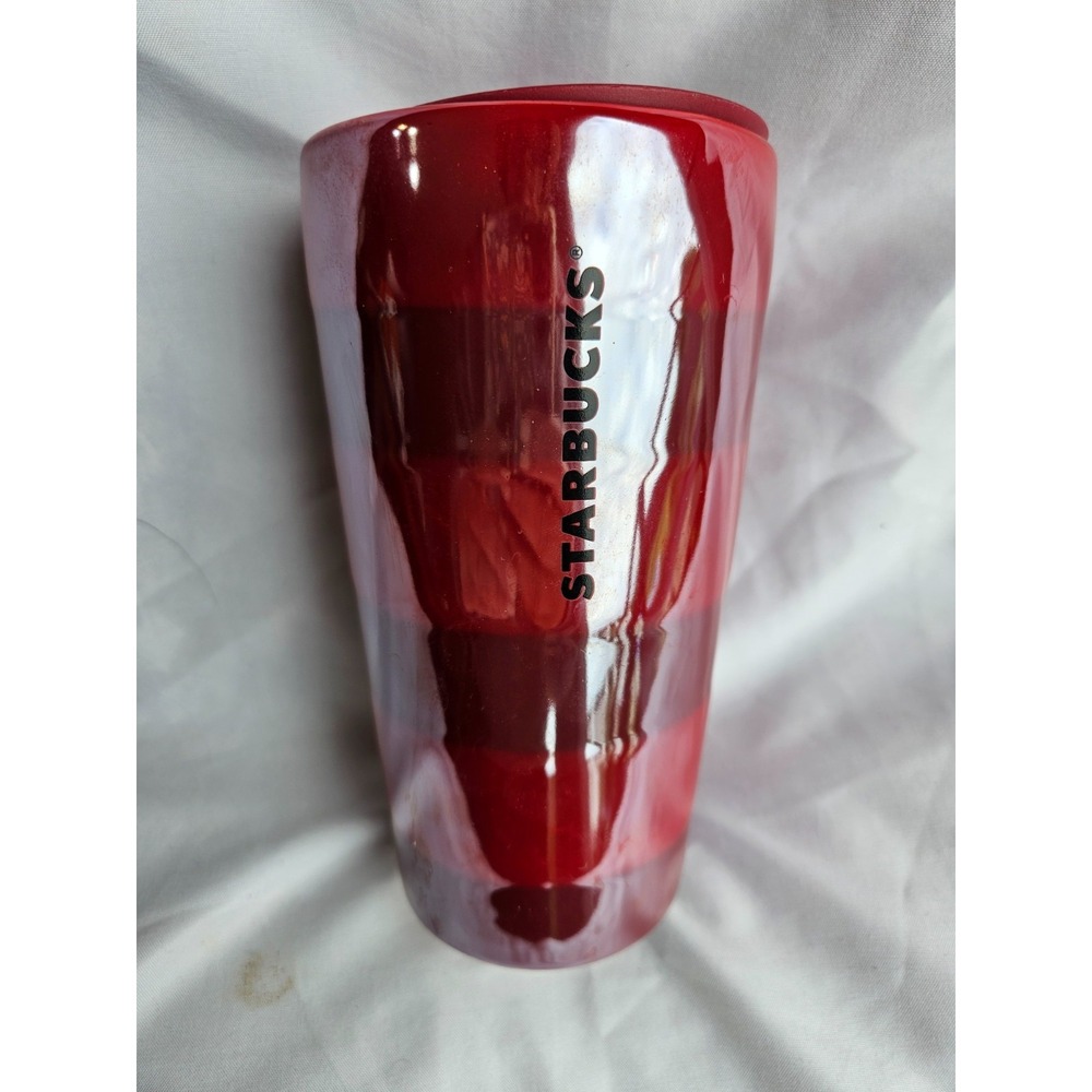 Starbucks 2021 Holiday Red Striped Ceramic Travel Mug Tumbler Lid 12oz